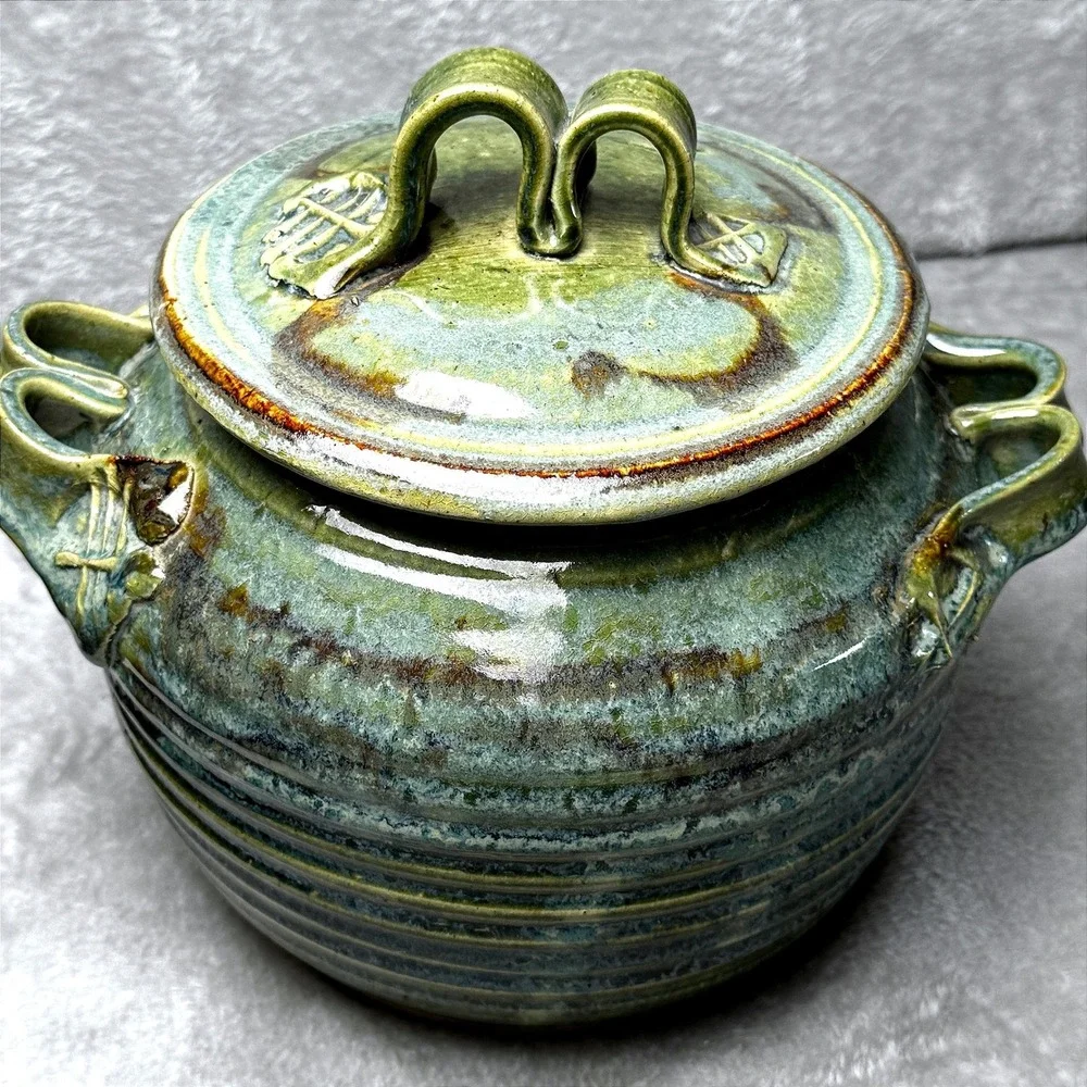 Studio Pottery Lidded Canister Green Brown Glaze Rustic Stoneware Crock Tureen